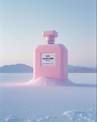 a bottle of perfume sitting in the snow