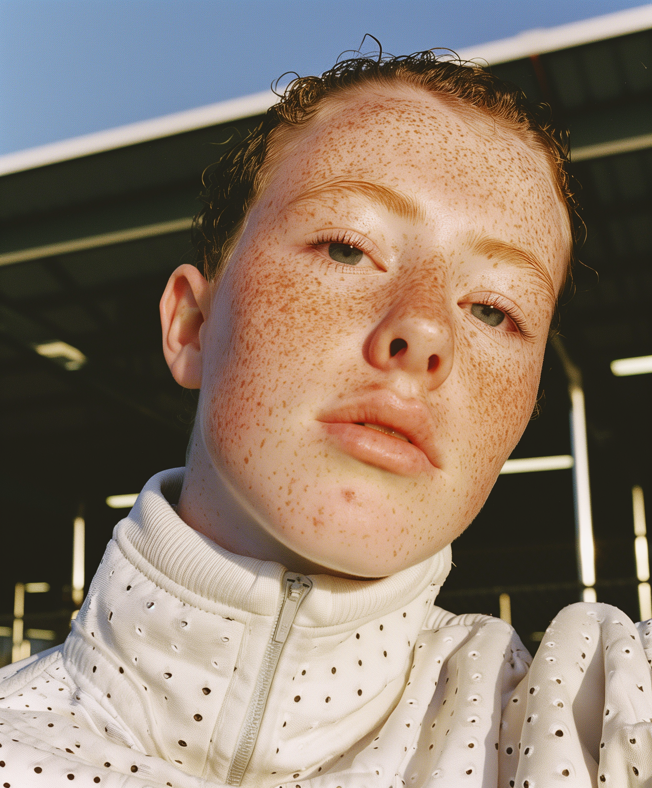 a woman with freckled hair and a white sweater