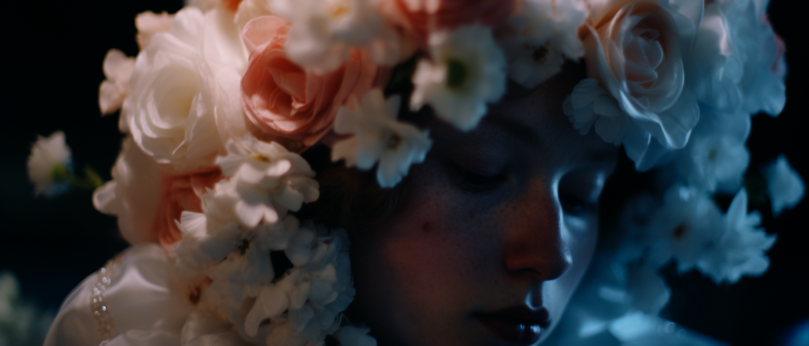 a close up of a woman with flowers in her hair