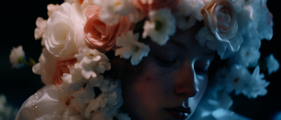 a close up of a woman with flowers in her hair