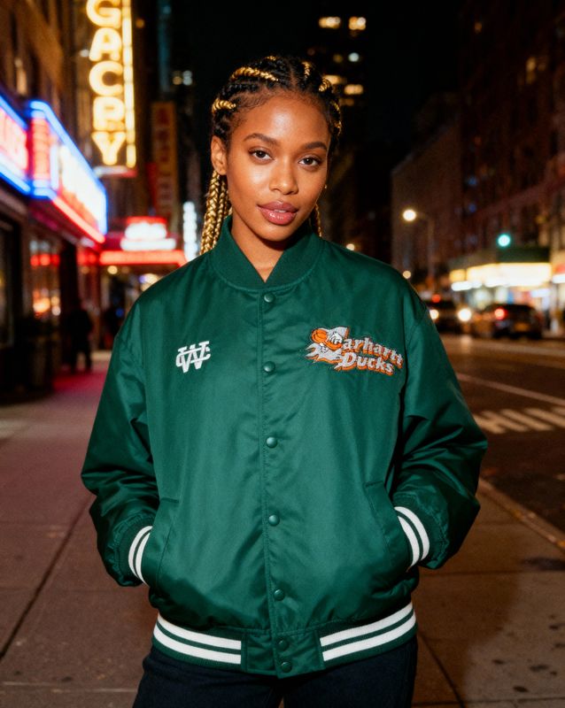 a woman standing on a city street at night