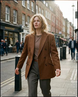 a woman walking down a street next to a tall building