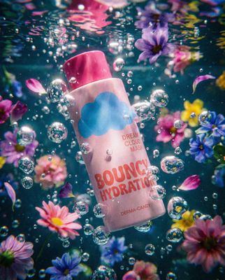 a bottle of bounce hydrating surrounded by flowers and bubbles