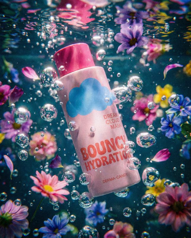 a bottle of bounce hydrating surrounded by flowers and bubbles