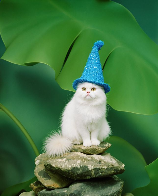 a white cat with a blue hat sitting on a rock