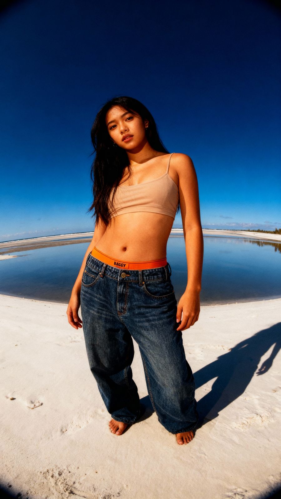 a woman standing on a beach next to a body of water