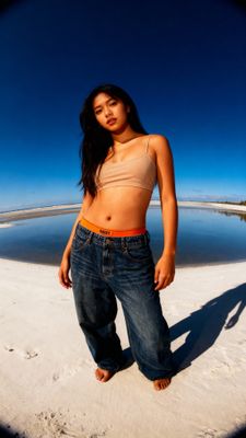 a woman standing on a beach next to a body of water