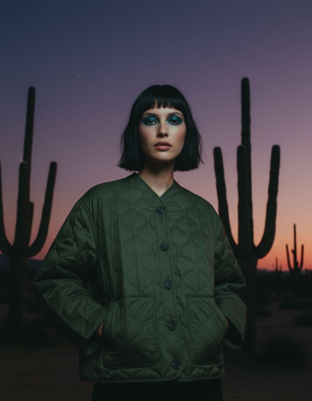 a woman standing in front of a cactus