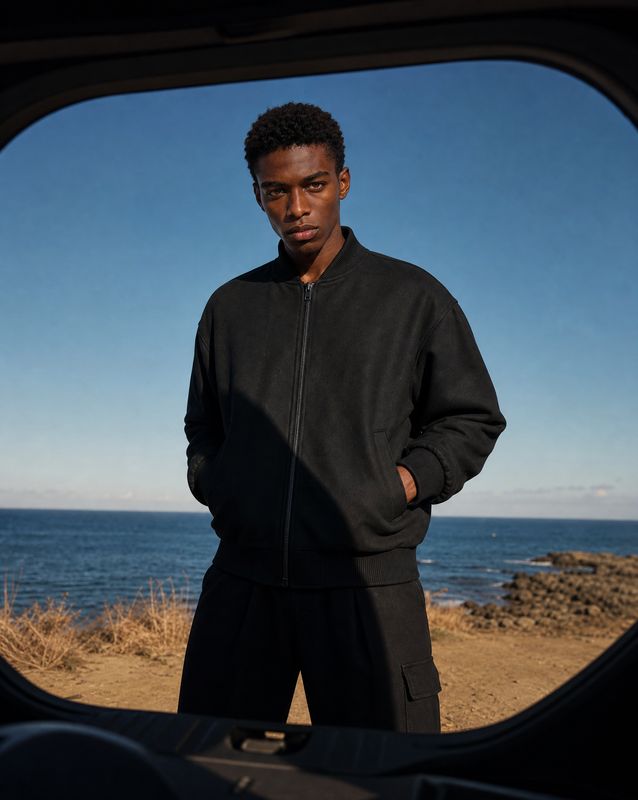 a man standing in front of a window next to the ocean