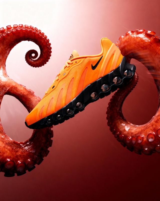 a pair of orange and black shoes floating in the air