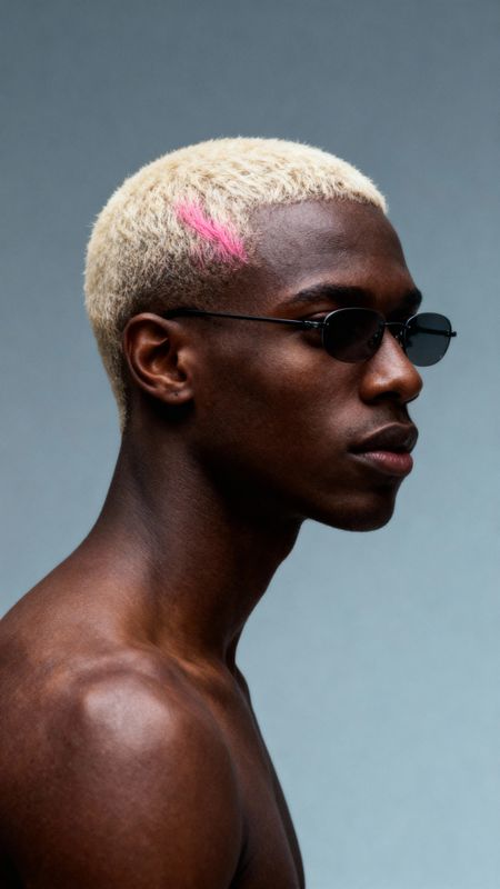 a man with a pink mohawk and sunglasses