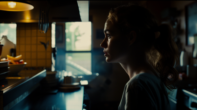 a woman standing in a kitchen next to a counter