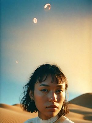 a woman standing in the sand with a sky background