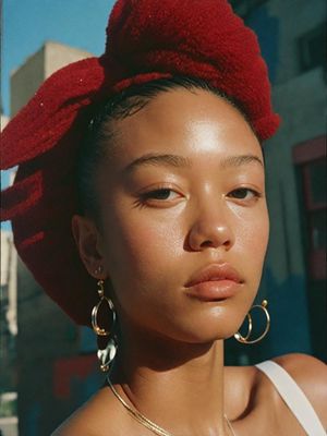 a woman with a red hat on her head