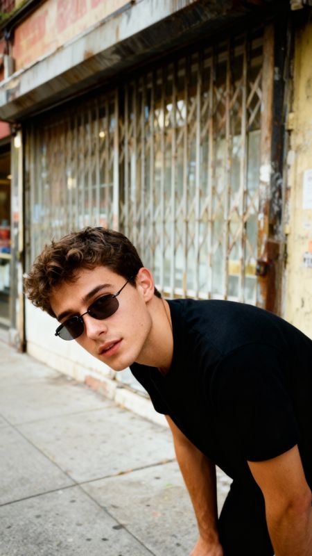 a young man leaning on a skateboard on a sidewalk