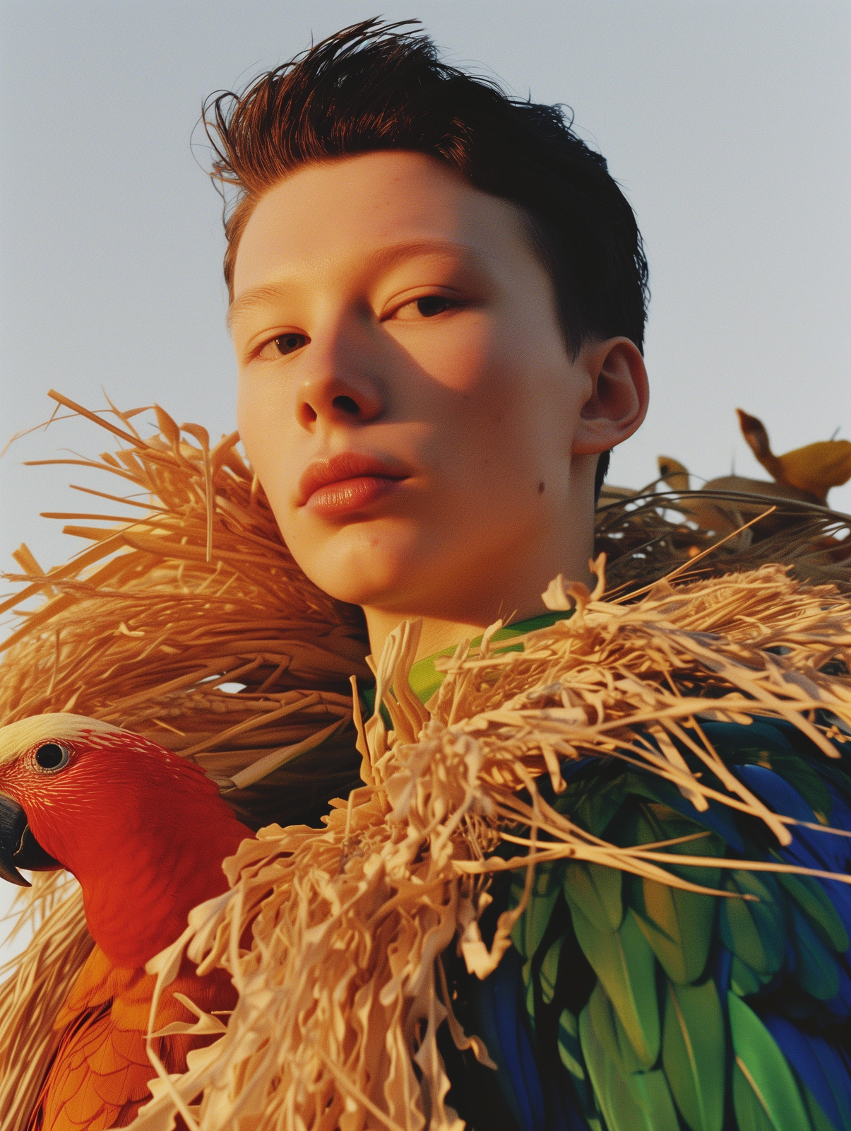 a woman with a bird on her shoulder