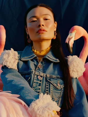 a woman in a denim jacket with a pink flamingo behind her