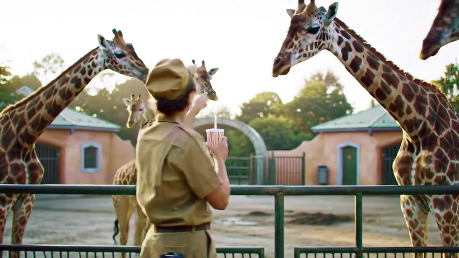 a man in uniform standing next to a group of giraffes