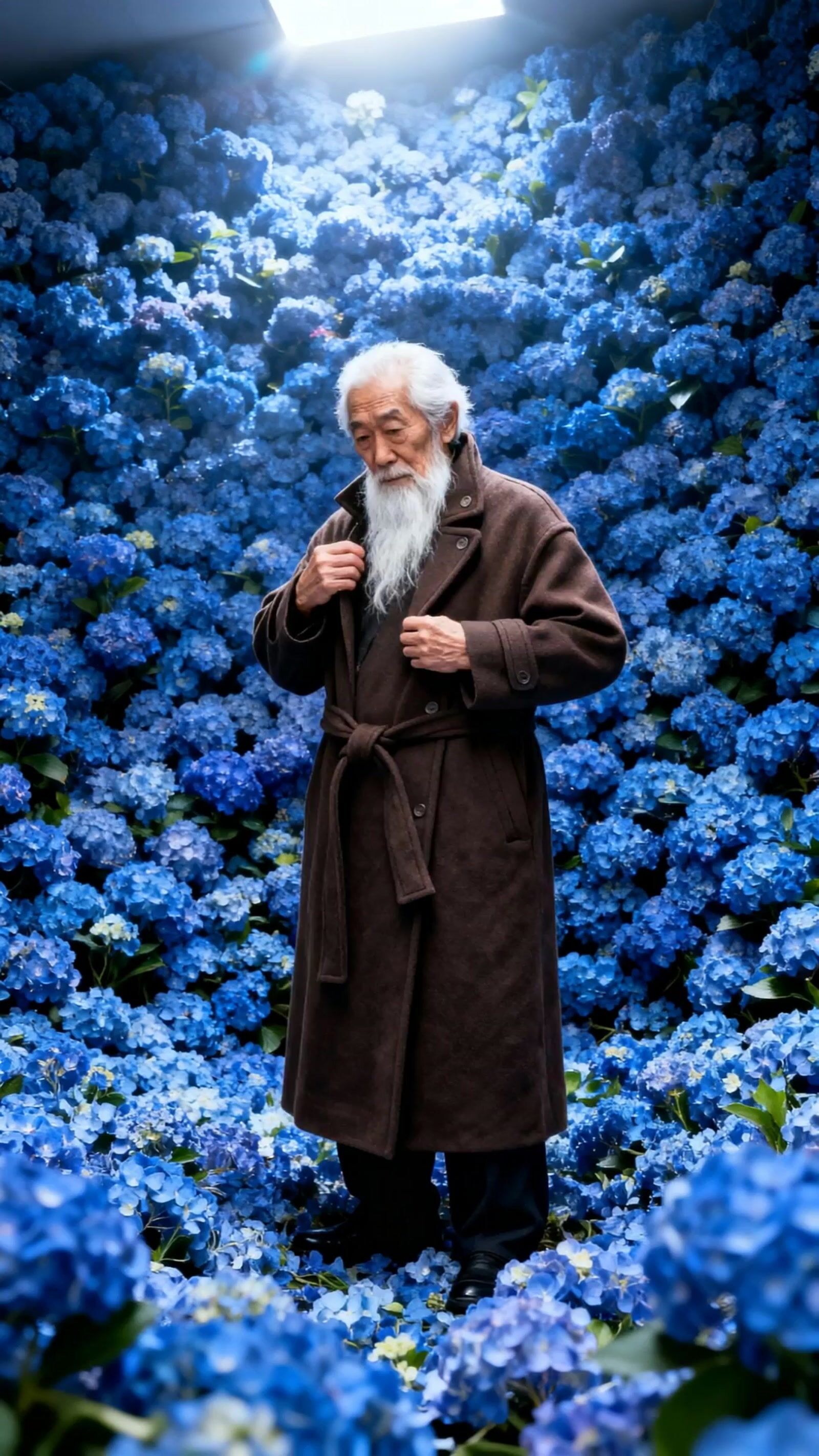 a man with a long white beard standing in a field of blue flowers