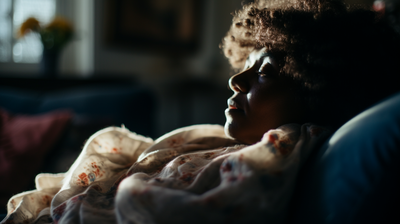 a woman sitting in a chair with her eyes closed