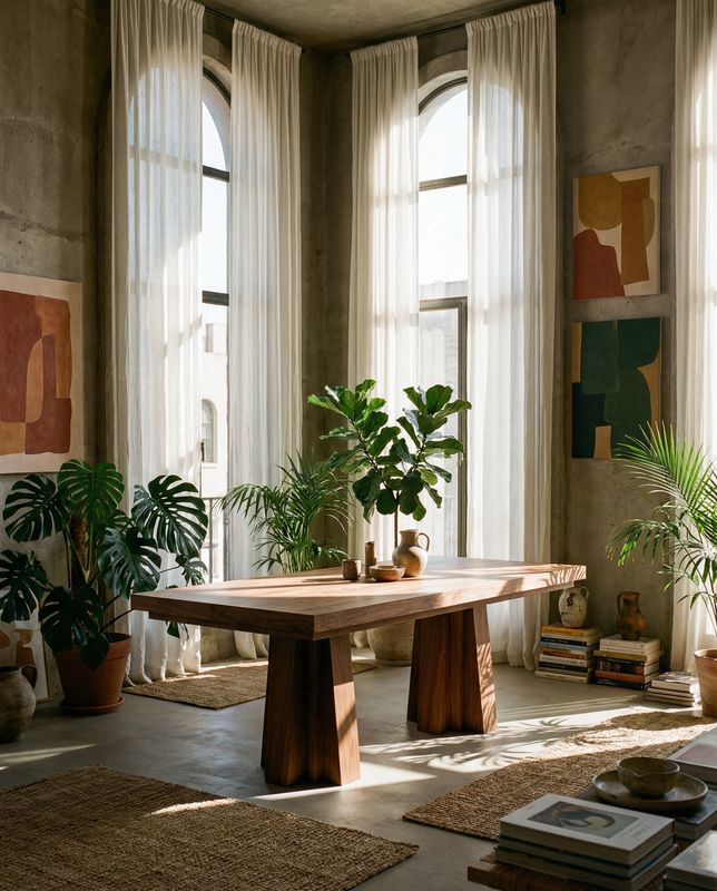 a living room with a table surrounded by potted plants
