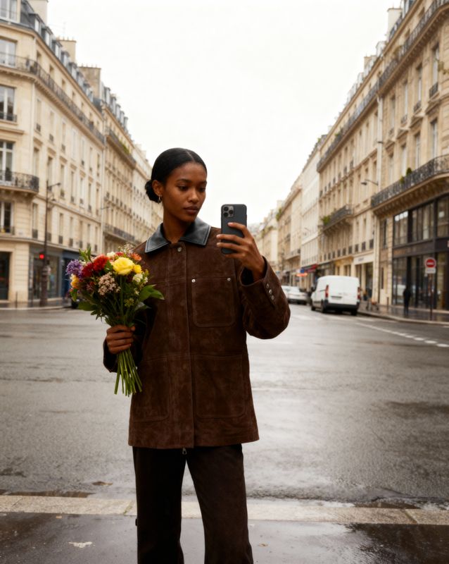 a woman holding a bouquet of flowers and a cell phone