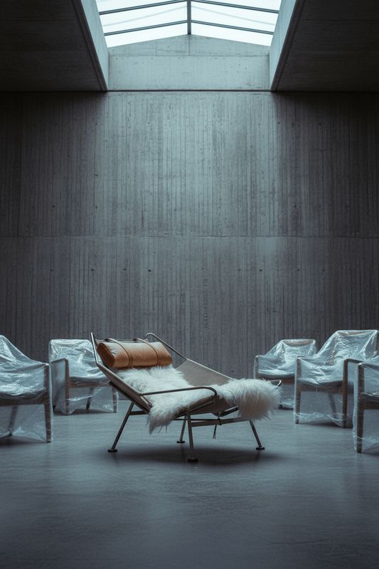 a room with several chairs and a skylight