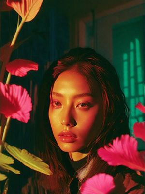 a woman standing in front of pink flowers