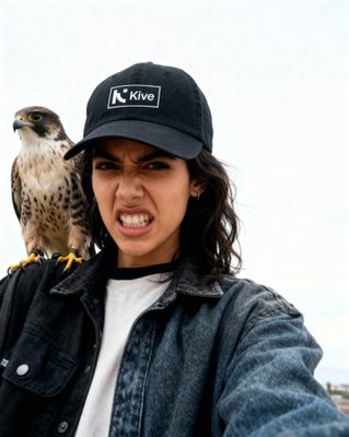 a woman holding a bird on her arm