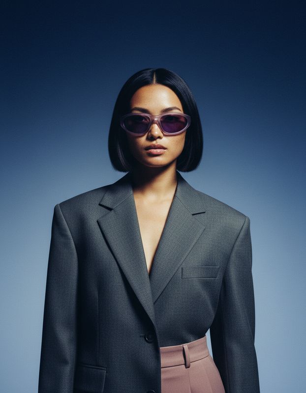 a woman in a suit and sunglasses posing for a picture