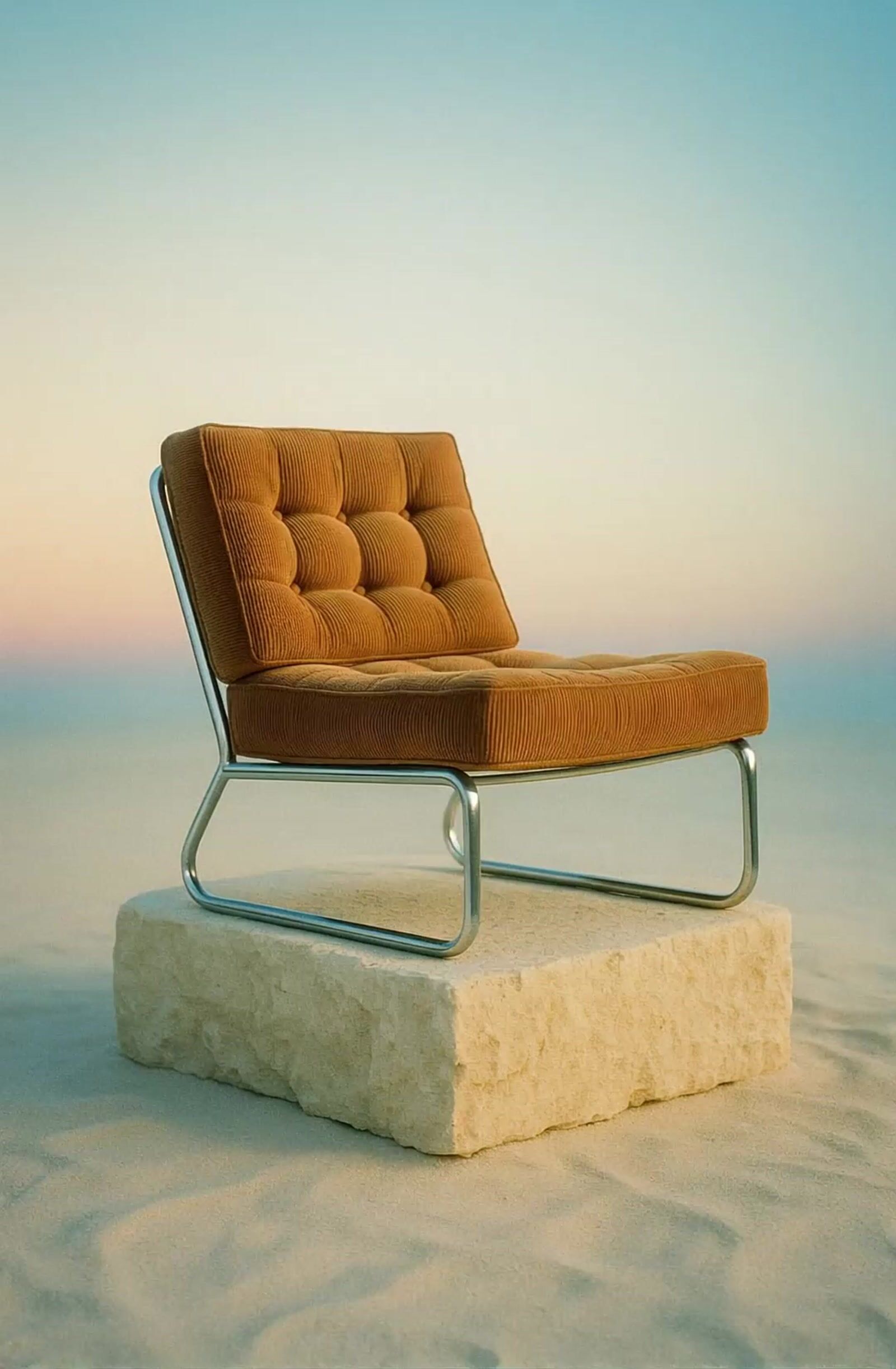 a chair sitting on top of a rock in the sand