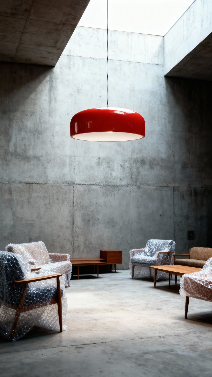 a room filled with furniture and a red light hanging from the ceiling