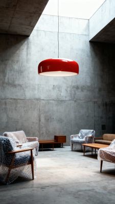 a room filled with furniture and a red light hanging from the ceiling