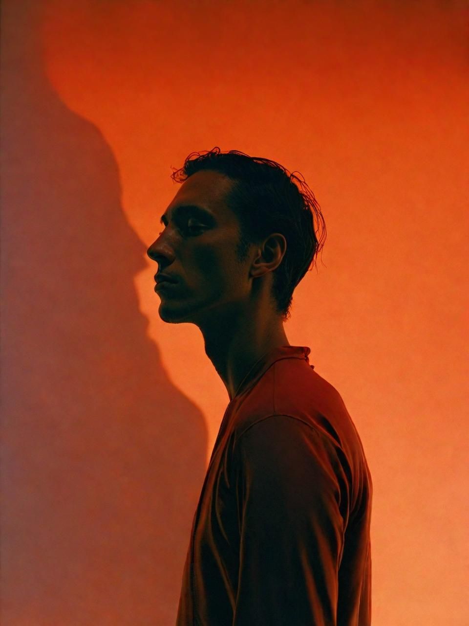 a man standing in front of a red wall