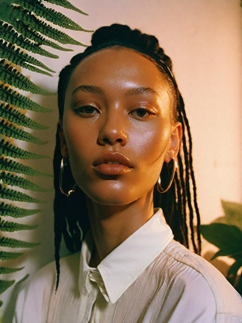 a woman with dreadlocks standing in front of a plant