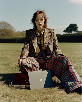 a woman sitting in a field with a laptop