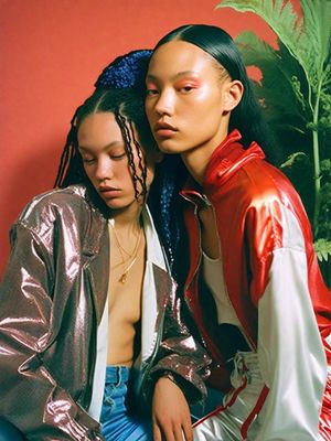 two people sitting next to each other in front of a plant