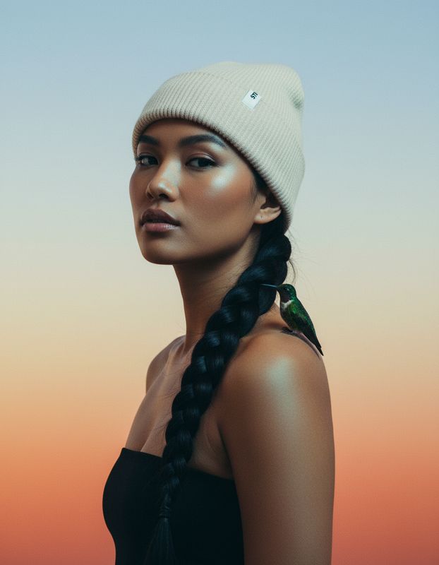 a woman wearing a beanie and a black dress