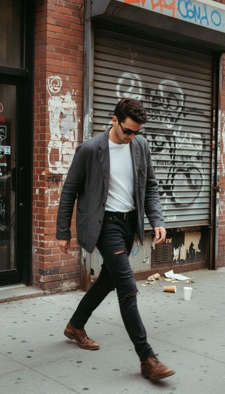 a man walking down a street next to a building