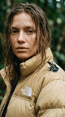 a woman with wet hair and a frog on her jacket