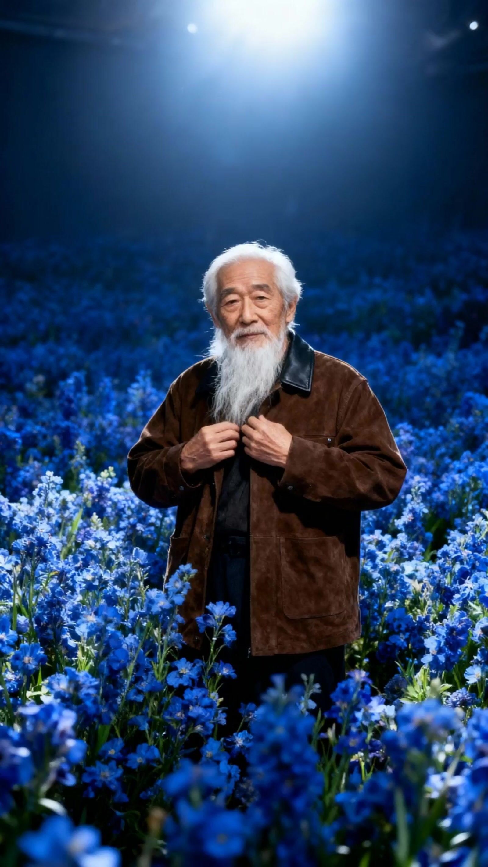 a man standing in a field of blue flowers