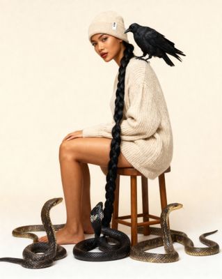 a woman sitting on a stool with a snake in her lap