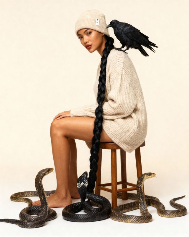 a woman sitting on a stool with a snake in her lap