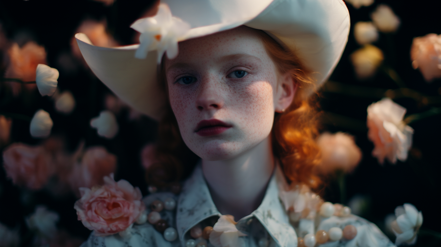 a young girl wearing a white hat with flowers around her