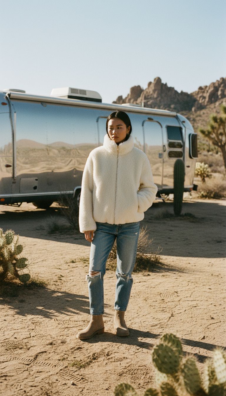 a woman standing in front of a bus in the desert