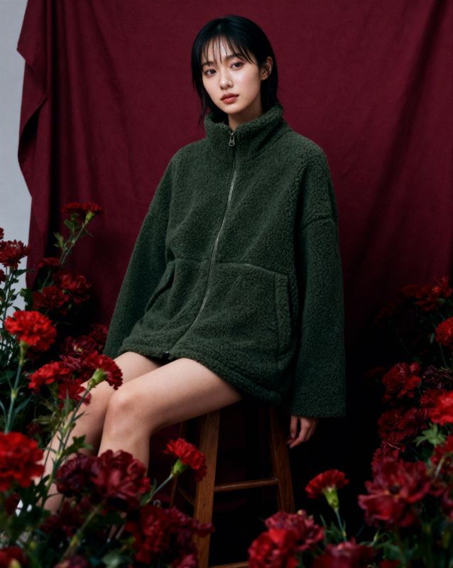 a woman sitting on a stool in front of flowers