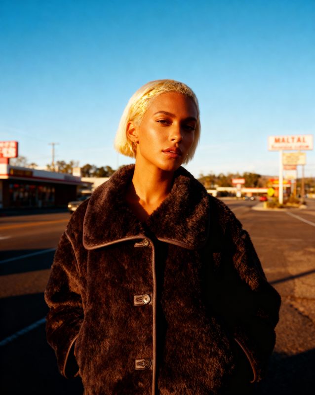 a woman standing on the side of a road