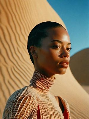 a woman standing in front of a sand dune