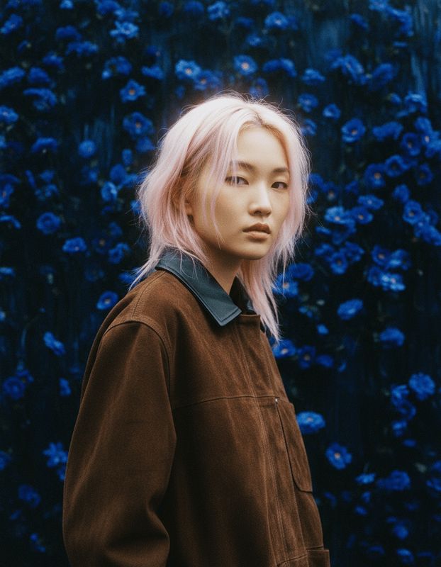 a woman with pink hair standing in front of blue flowers