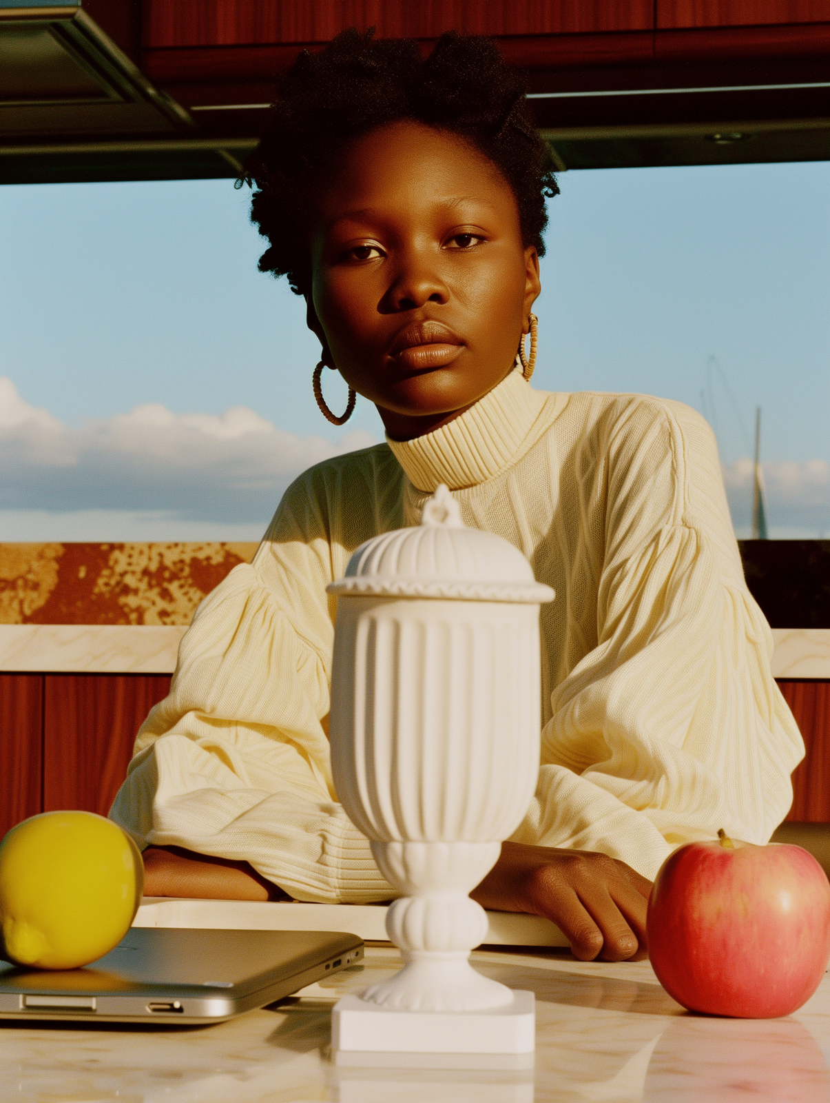 a woman sitting at a table with an apple and a cell phone